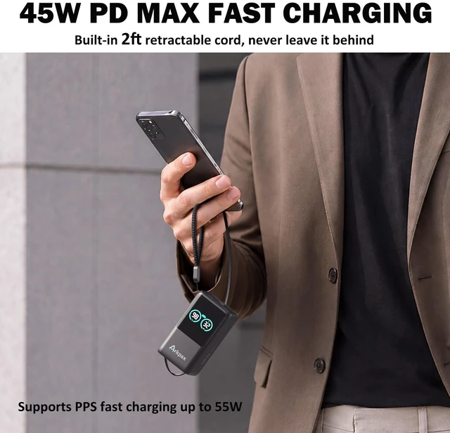 Alt view image 6 of 7 - Arkpax 45W Portable Charger Fast Charging Power Bank 10000mAh | Built-In Retractable USB-C Cable, 55W Max Battery Pack for iPhone 18/17/16 Series iPad Galaxy Series, Pixel, Travel Essential