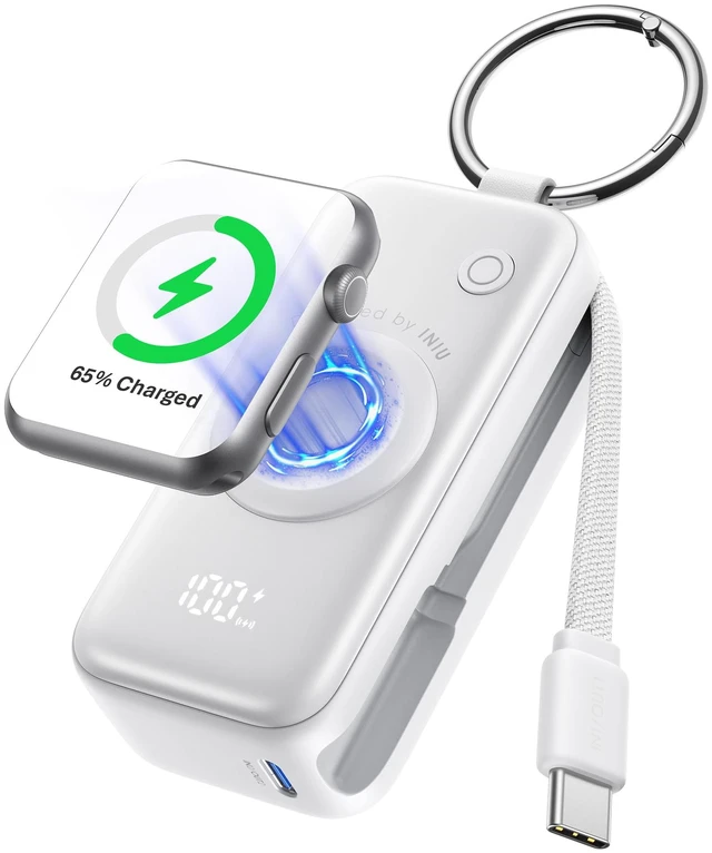 Main image of INIU SnapGo Portable Charger, 5000mAh Mini Power Bank for Apple Watch | 20W Fast Charging, Travel Keychain, Built-in USB-C Cable, Flight-Safe, Battery Pack for Apple Watch, iPhone 18 17 etc, White