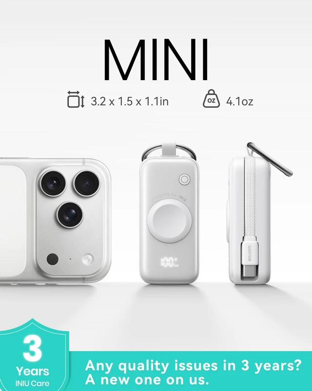 Alt view image 2 of 7 - INIU SnapGo Portable Charger, 5000mAh Mini Power Bank for Apple Watch | 20W Fast Charging, Travel Keychain, Built-in USB-C Cable, Flight-Safe, Battery Pack for Apple Watch, iPhone 18 17 etc, White