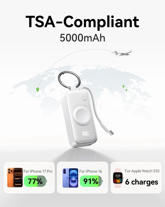 Alt view image 4 of 7 - INIU SnapGo Portable Charger, 5000mAh Mini Power Bank for Apple Watch | 20W Fast Charging, Travel Keychain, Built-in USB-C Cable, Flight-Safe, Battery Pack for Apple Watch, iPhone 18 17 etc, White