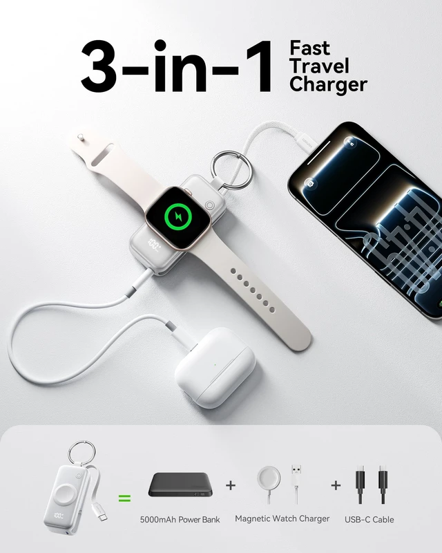 Alt view image 5 of 7 - INIU SnapGo Portable Charger, 5000mAh Mini Power Bank for Apple Watch | 20W Fast Charging, Travel Keychain, Built-in USB-C Cable, Flight-Safe, Battery Pack for Apple Watch, iPhone 18 17 etc, White
