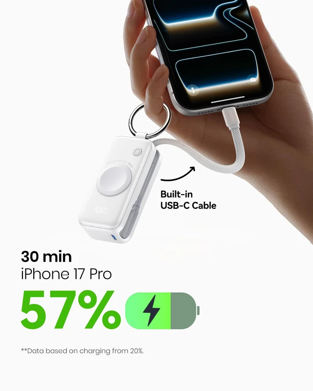 Alt view image 7 of 7 - INIU SnapGo Portable Charger, 5000mAh Mini Power Bank for Apple Watch | 20W Fast Charging, Travel Keychain, Built-in USB-C Cable, Flight-Safe, Battery Pack for Apple Watch, iPhone 18 17 etc, White