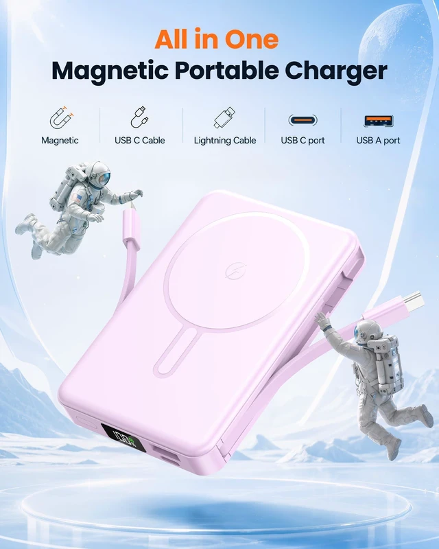 Alt view image 2 of 7 - Magnetic Portable Charger 10000mAh for Magsafe Power Bank Built in Cables | 22.5W Fast Charging Battery Pack Wireless Battery Bank Travel Essential for iPhone 18/17/16/15/14/13/12 etc