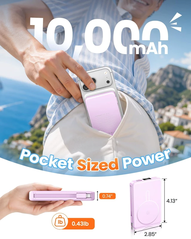 Alt view image 5 of 7 - Magnetic Portable Charger 10000mAh for Magsafe Power Bank Built in Cables | 22.5W Fast Charging Battery Pack Wireless Battery Bank Travel Essential for iPhone 18/17/16/15/14/13/12 etc
