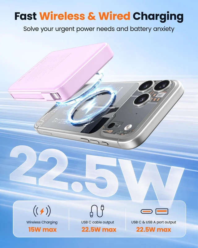Alt view image 4 of 7 - Magnetic Portable Charger 10000mAh for Magsafe Power Bank Built in Cables | 22.5W Fast Charging Battery Pack Wireless Battery Bank Travel Essential for iPhone 18/17/16/15/14/13/12 etc