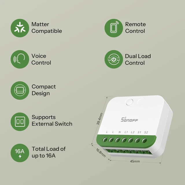 Alt view image 3 of 7 - SONOFF MINI Duo, Matter Over WiFi, 2-Chanel WiFi Smart Switch, 16A Total Load, Remote & Automated Control, Neutral Required, Alexa/Google Assistant Compatible, 2-Pack