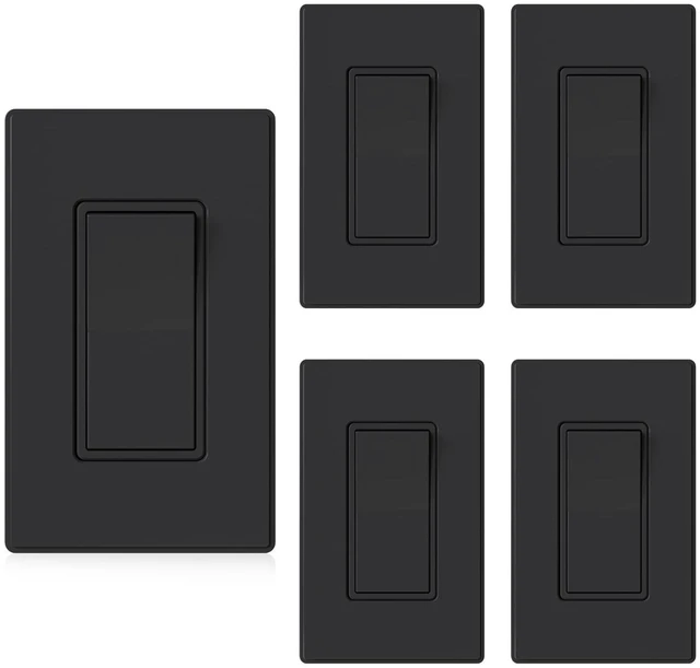 Main image of ELEGRP Matte Black 3 Way Decorative Light Switch with Plate, 15Amp, 120-277 Volt, AC Rocker Paddle Wall Switch Replacement, Self-Grounding, Residential Grade, w/Wall Plate, UL Listed (5 Pack)