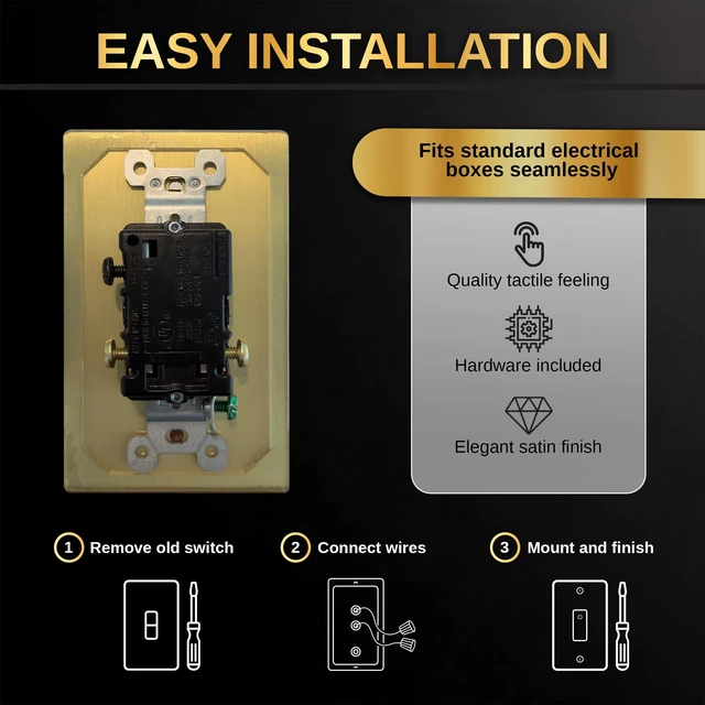 Alt view image 3 of 3 - Lucky Leaf Lighting - Gold Toggle Light Switch, Solid Brass, 1-Gang Metal | UL Listed for dependable safety with precision craftsmanship and durability