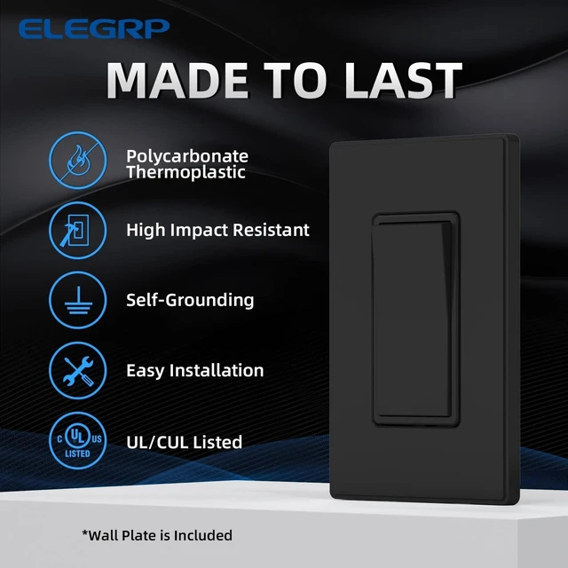 Alt view image 3 of 7 - ELEGRP Matte Black 3 Way Decorative Light Switch with Plate, 15Amp, 120-277 Volt, AC Rocker Paddle Wall Switch Replacement, Self-Grounding, Residential Grade, w/Wall Plate, UL Listed (5 Pack)