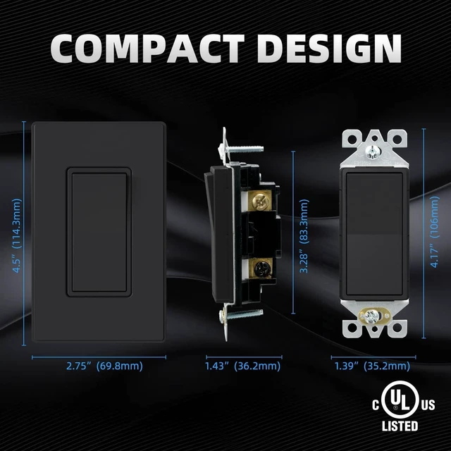Alt view image 6 of 7 - ELEGRP Matte Black 3 Way Decorative Light Switch with Plate, 15Amp, 120-277 Volt, AC Rocker Paddle Wall Switch Replacement, Self-Grounding, Residential Grade, w/Wall Plate, UL Listed (5 Pack)