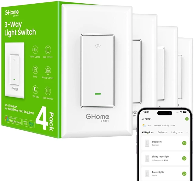 Main image of GHome Smart Switch, 3 Way Wi-Fi Light Switch Compatible with Alexa and Google Home, 2.4GHz Schedule Timer, Neutral Wire Required, 3-Way Installation, FCC Listed (4-Pack), White