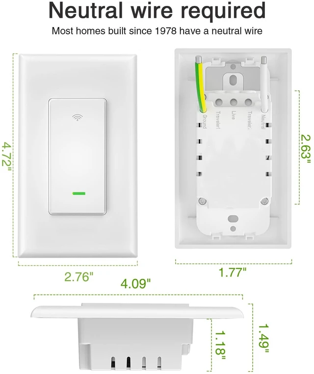 Alt view image 6 of 6 - GHome Smart Switch, 3 Way Wi-Fi Light Switch Compatible with Alexa and Google Home, 2.4GHz Schedule Timer, Neutral Wire Required, 3-Way Installation, FCC Listed (4-Pack), White