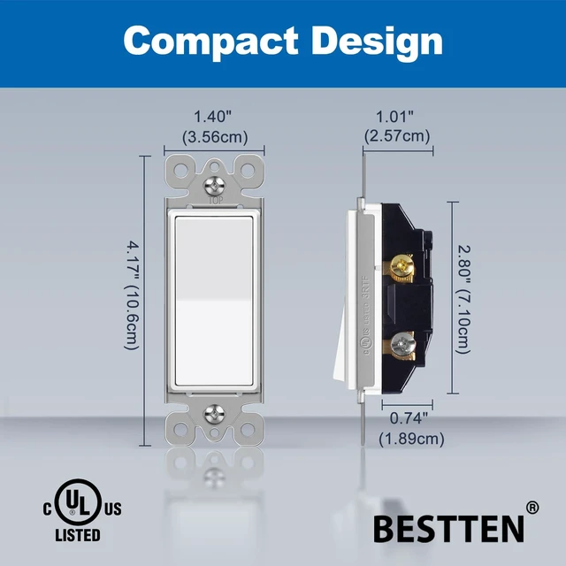 Alt view image 7 of 7 - BESTTEN 30 Pack Single-Pole Decorator Wall Light Switch, 15A 120/277V | UL Listed, Paddle Wall Switch, On/Off Rocker Interrupter, Residential and Commercial Grade, White