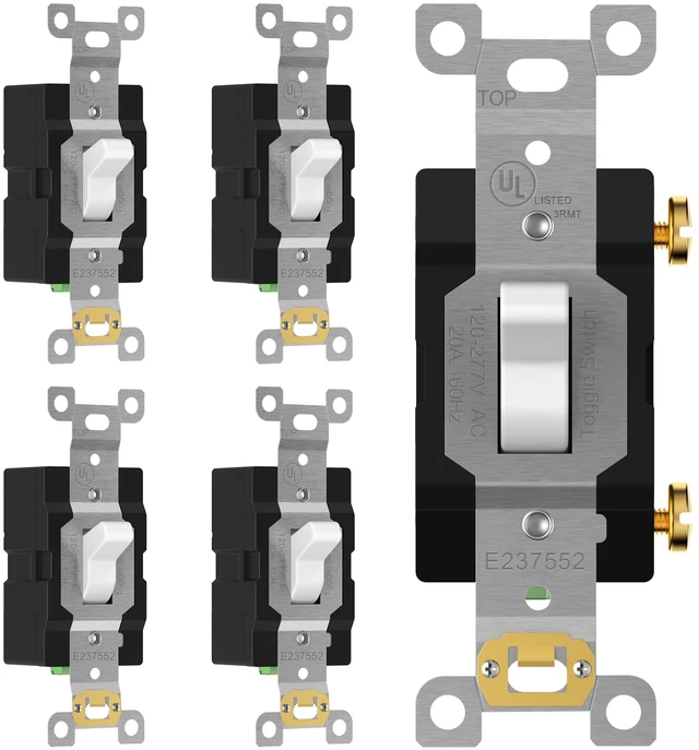 Main image of TG 5 Pack 20 Amp Commercial Toggle Light Switch, Single Pole, White | UL Listed, Heavy-Duty Build, Commercial/Industrial Grade, Back & Side Wire, High-Power Rated, 120V/277V AC, Easy Installation