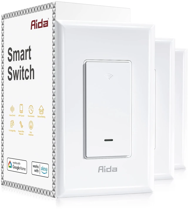 Main image of AIDA Smart Light Switch, 3 Way WiFi Smart Switch, Compatible with Alexa and Google Home, Neutral Wire Required, 2.4Ghz WiFi Switch for LED, CFL, Incandescent Bulbs, No Hub Required, White, 3 Pack
