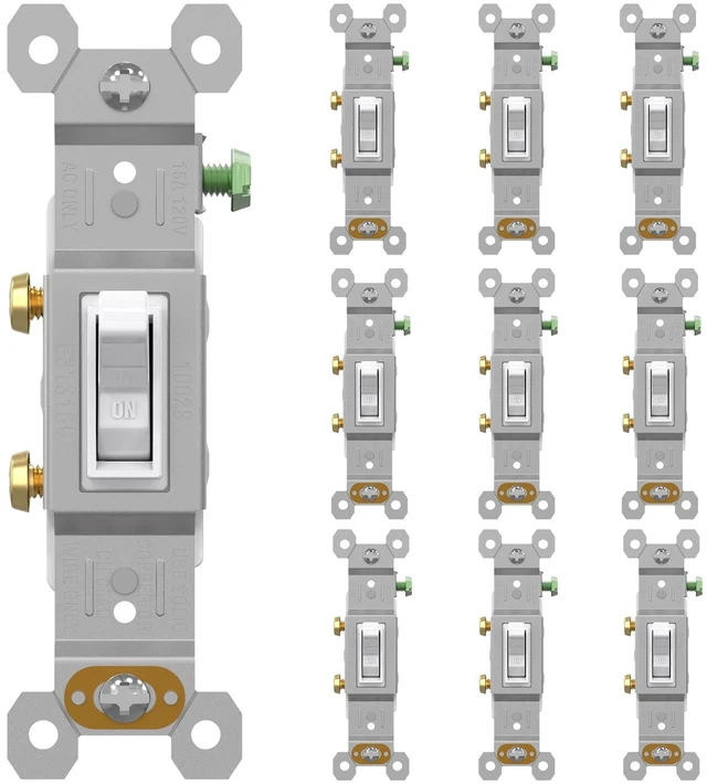 Main image of AIDA 15 Amp Single Pole Quiet Indoor Toggle Switch Self-Grounding ON Off, Residential Grade, UL Listed, Quickwire Push-in & Side Wired (White, 10 Pack)