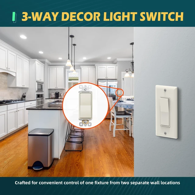 Alt view image 4 of 7 - TOPELER Decorator Paddle Light Switch, 3-Way Wall Rocker Switch, 15A 120V/277V, Self-grounding, Residential Grade Electrical Replacement Switches, Light Almond, 10 Pack