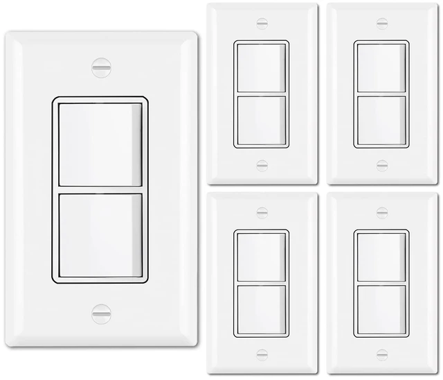 Main image of BESTTEN 5 Pack Double Light Switch, Single Pole, in-Wall On/Off Switch | UL Listed, Combination Decorator Interrupters, 15A 120V, Dual Paddle Rockers, Wallplate Included, White