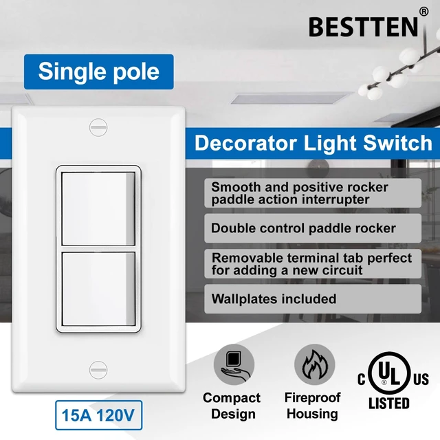 Alt view image 2 of 5 - BESTTEN 5 Pack Double Light Switch, Single Pole, in-Wall On/Off Switch | UL Listed, Combination Decorator Interrupters, 15A 120V, Dual Paddle Rockers, Wallplate Included, White