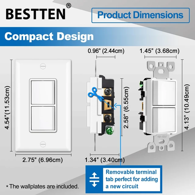 Alt view image 3 of 5 - BESTTEN 5 Pack Double Light Switch, Single Pole, in-Wall On/Off Switch | UL Listed, Combination Decorator Interrupters, 15A 120V, Dual Paddle Rockers, Wallplate Included, White