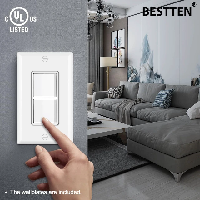 Alt view image 5 of 5 - BESTTEN 5 Pack Double Light Switch, Single Pole, in-Wall On/Off Switch | UL Listed, Combination Decorator Interrupters, 15A 120V, Dual Paddle Rockers, Wallplate Included, White
