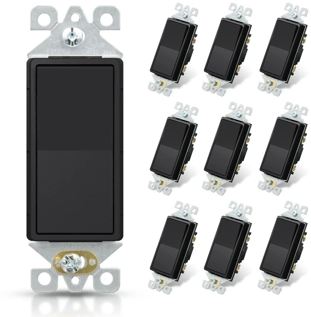 Main image of ELEGRP Matte Black Single Pole Decorator Light Switch, 15Amp, 120-277V, Decorative Paddle Rocker Switch Replacement, On/Off Wall Switch, Self-Grounding, Residential/Commercial Grade, UL/CUL (10 Pack)
