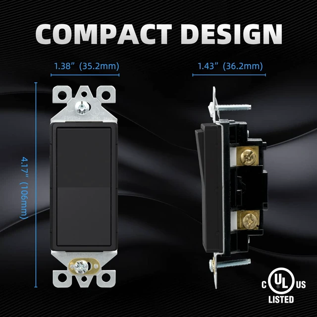 Alt view image 5 of 6 - ELEGRP Matte Black Single Pole Decorator Light Switch, 15Amp, 120-277V, Decorative Paddle Rocker Switch Replacement, On/Off Wall Switch, Self-Grounding, Residential/Commercial Grade, UL/CUL (10 Pack)