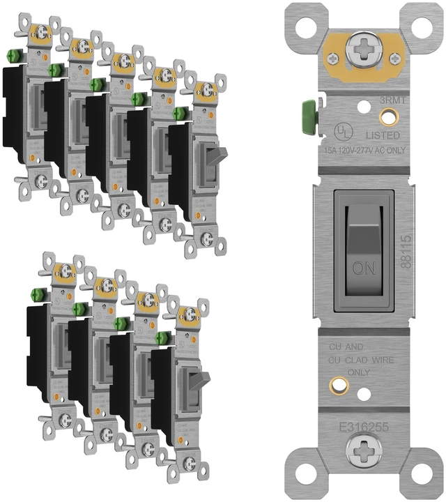 Main image of ENERLITES 10 Pack Toggle Light Switch, Single Pole Wall Switch, Gray | 15 Amp, 120V/277VAC, self-grounding, quiet/smooth toggle action, narrow slim body, UL Listed, easy to install, versatile use