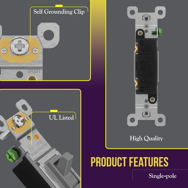 Alt view image 4 of 7 - ENERLITES 10 Pack Toggle Light Switch, Single Pole Wall Switch, Gray | 15 Amp, 120V/277VAC, self-grounding, quiet/smooth toggle action, narrow slim body, UL Listed, easy to install, versatile use