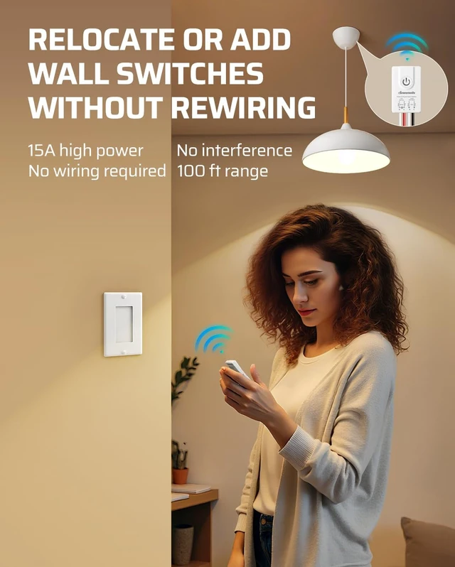 Alt view image 2 of 7 - DEWENWILS Wireless Light Switch and Receiver Kit Remote Control Wall Switch | 1 Transmitter+1 Receiver, No in-Wall Wiring Required, 100FT RF Range,15A, Programmable for Ceiling Lights, Fans, Lamps