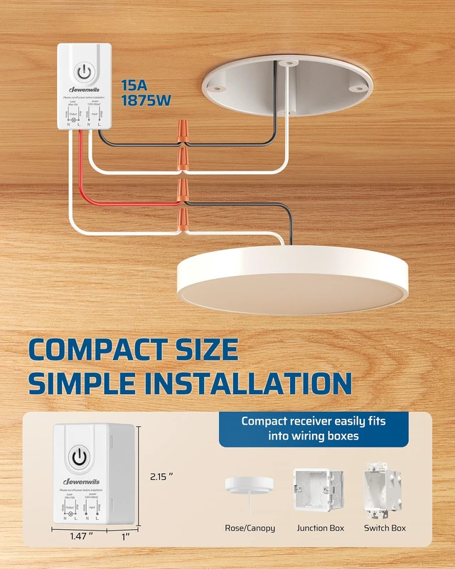 Alt view image 5 of 7 - DEWENWILS Wireless Light Switch and Receiver Kit Remote Control Wall Switch | 1 Transmitter+1 Receiver, No in-Wall Wiring Required, 100FT RF Range,15A, Programmable for Ceiling Lights, Fans, Lamps
