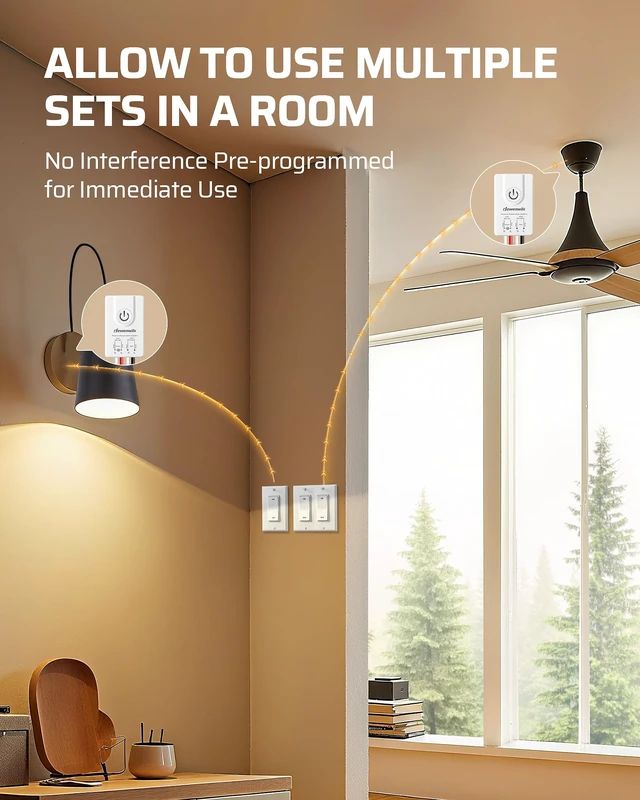 Alt view image 3 of 7 - DEWENWILS Wireless Light Switch and Receiver Kit Remote Control Wall Switch | 1 Transmitter+1 Receiver, No in-Wall Wiring Required, 100FT RF Range,15A, Programmable for Ceiling Lights, Fans, Lamps