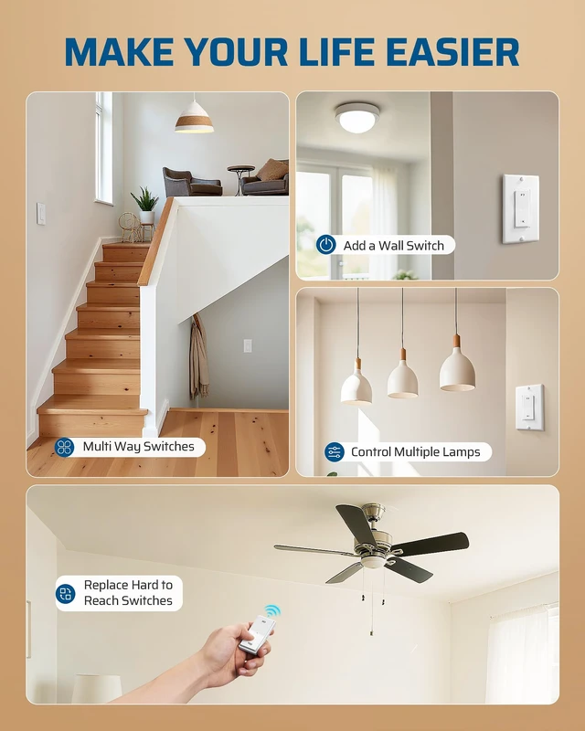 Alt view image 7 of 7 - DEWENWILS Wireless Light Switch and Receiver Kit Remote Control Wall Switch | 1 Transmitter+1 Receiver, No in-Wall Wiring Required, 100FT RF Range,15A, Programmable for Ceiling Lights, Fans, Lamps