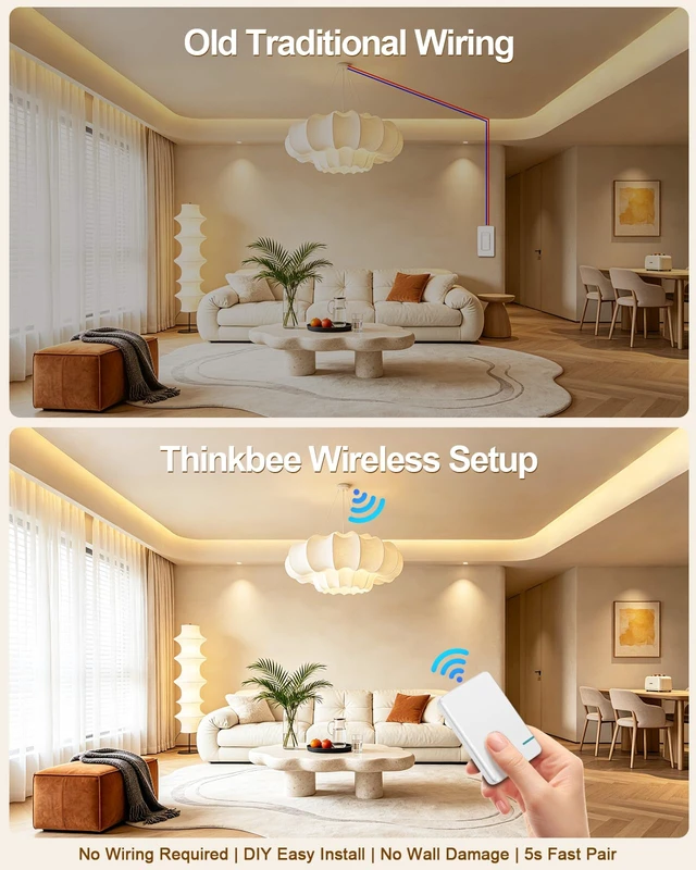 Alt view image 2 of 7 - Thinkbee Wireless Light Switch Kit, Remote Control, No Wiring, 1000W LED | 656ft Indoor RF Range, Pair Up to 8 Switches per Receiver, IP66 Waterproof, Wall Mount for Garage, Basement, RV & Outdoor Use