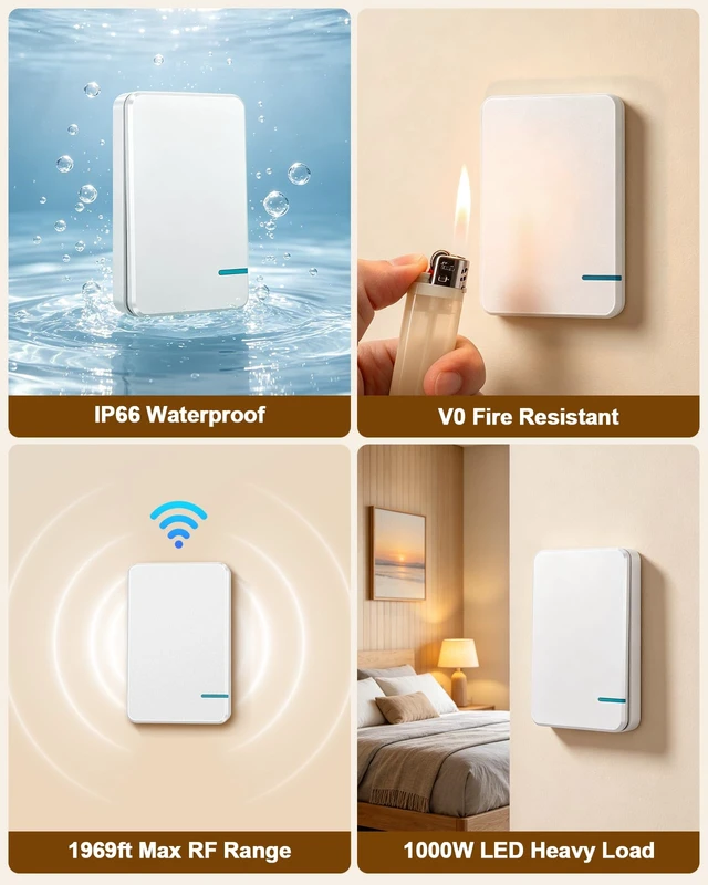 Alt view image 3 of 7 - Thinkbee Wireless Light Switch Kit, Remote Control, No Wiring, 1000W LED | 656ft Indoor RF Range, Pair Up to 8 Switches per Receiver, IP66 Waterproof, Wall Mount for Garage, Basement, RV & Outdoor Use