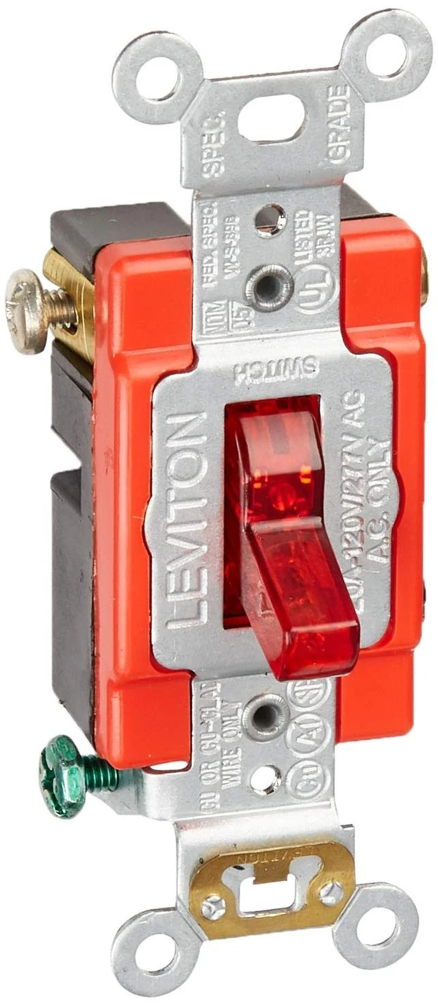 Main image of Leviton 20-Amp, 120 Volt, Toggle Pilot Light, Illuminated On, Req. Neutral Single-Pole AC Quiet Switch, Extra Heavy Duty Grade, Self Grounding, 1221-PLR, Red