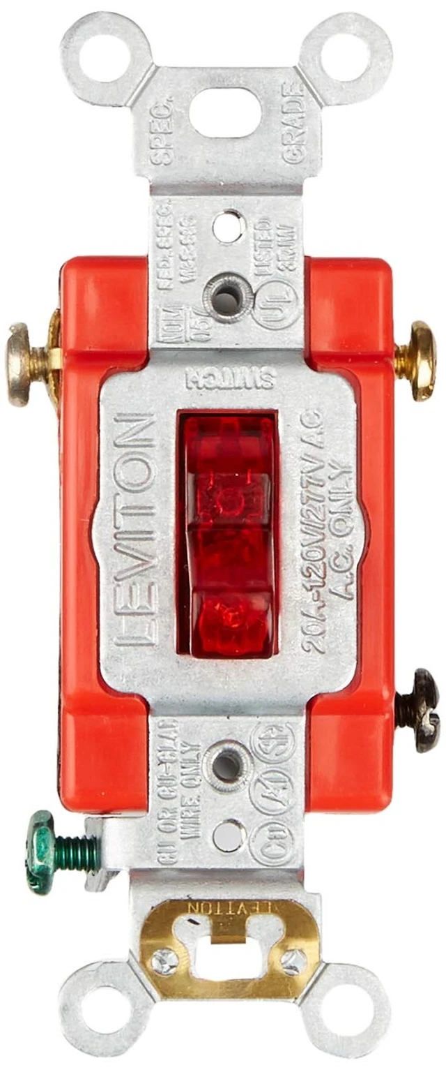 Alt view image 3 of 4 - Leviton 20-Amp, 120 Volt, Toggle Pilot Light, Illuminated On, Req. Neutral Single-Pole AC Quiet Switch, Extra Heavy Duty Grade, Self Grounding, 1221-PLR, Red