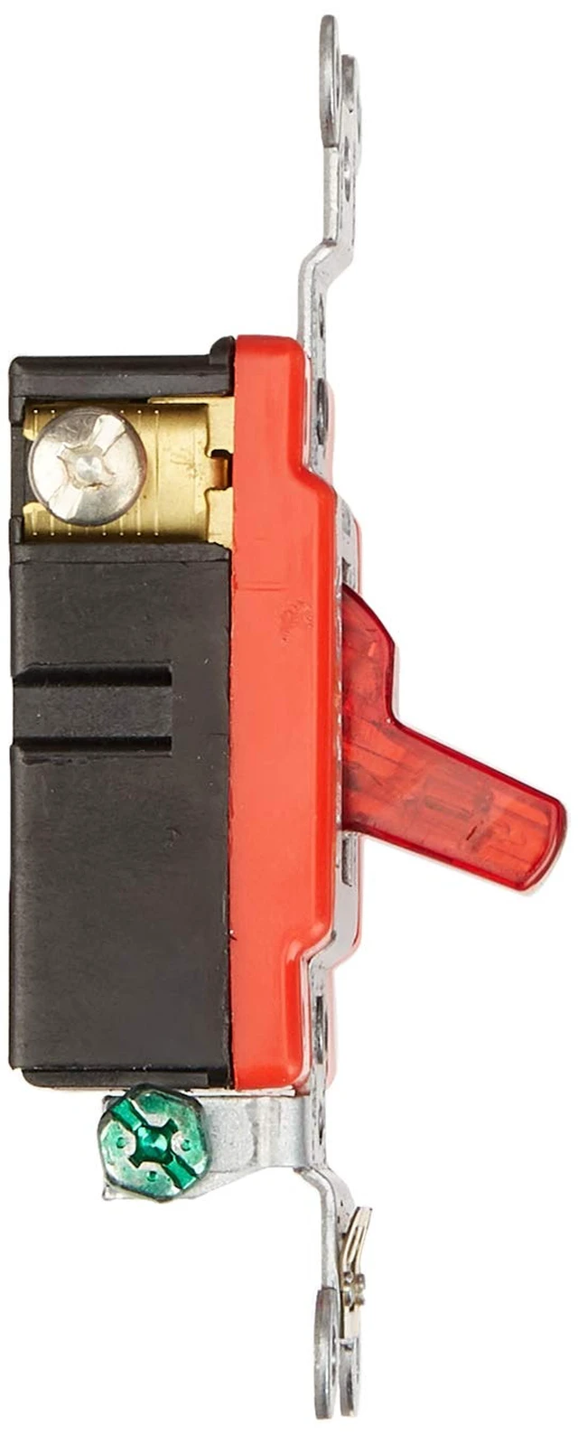 Alt view image 4 of 4 - Leviton 20-Amp, 120 Volt, Toggle Pilot Light, Illuminated On, Req. Neutral Single-Pole AC Quiet Switch, Extra Heavy Duty Grade, Self Grounding, 1221-PLR, Red