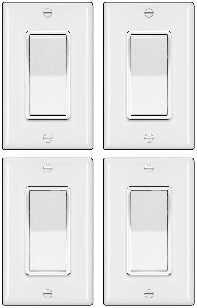 Main image of BESTTEN 4 Pack 3-Way Decorator Light Switch with Wallplate, 15A 120/277V, On/Off Rocker Paddle Interrupter, Electrical Wall Light Switches, Single Pole or Three Way, UL Listed, White