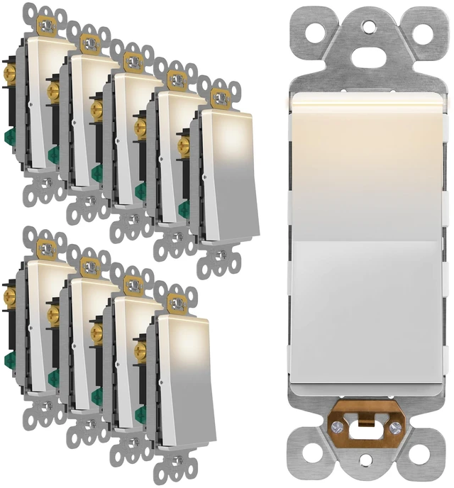 Main image of LIDER 15A Decorator Switch with Lighted Paddle, Illuminated Paddle Switch | UL Listed, 3-Way, Single-Pole Compatible, -277vac, 10-Pack, Matte White, Rocker Switch, Tough And Heat Resistant