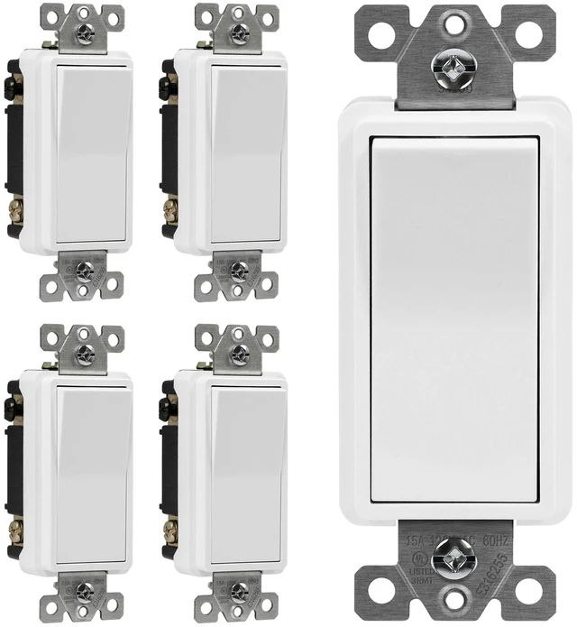 Main image of ENERLITES White 4-Way Decorator Paddle Rocker Light Switch, 15A, 5 Pack | Four Way Decorative Switch, 120V/277V, Clamp Down Wiring, Grounding Screw, Residential Grade, Gloss Finish, UL Listed