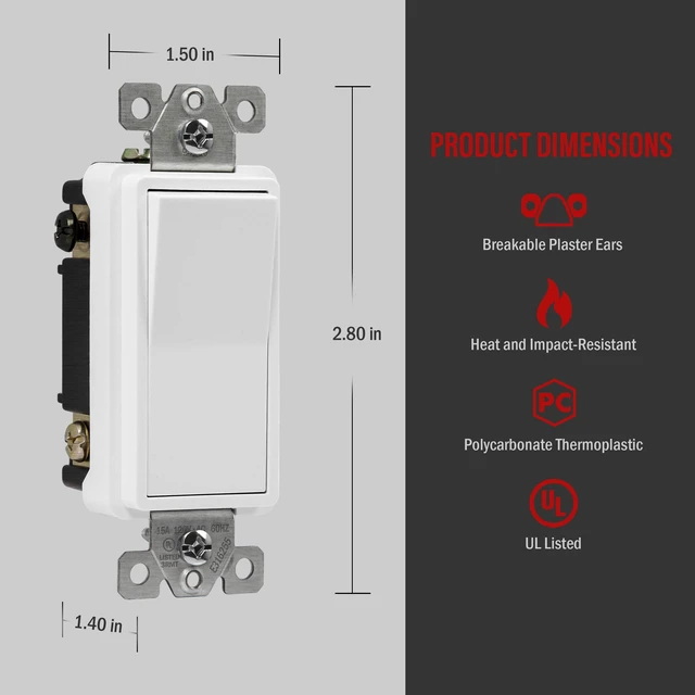 Alt view image 2 of 7 - ENERLITES White 4-Way Decorator Paddle Rocker Light Switch, 15A, 5 Pack | Four Way Decorative Switch, 120V/277V, Clamp Down Wiring, Grounding Screw, Residential Grade, Gloss Finish, UL Listed