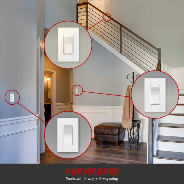 Alt view image 4 of 7 - ENERLITES White 4-Way Decorator Paddle Rocker Light Switch, 15A, 5 Pack | Four Way Decorative Switch, 120V/277V, Clamp Down Wiring, Grounding Screw, Residential Grade, Gloss Finish, UL Listed
