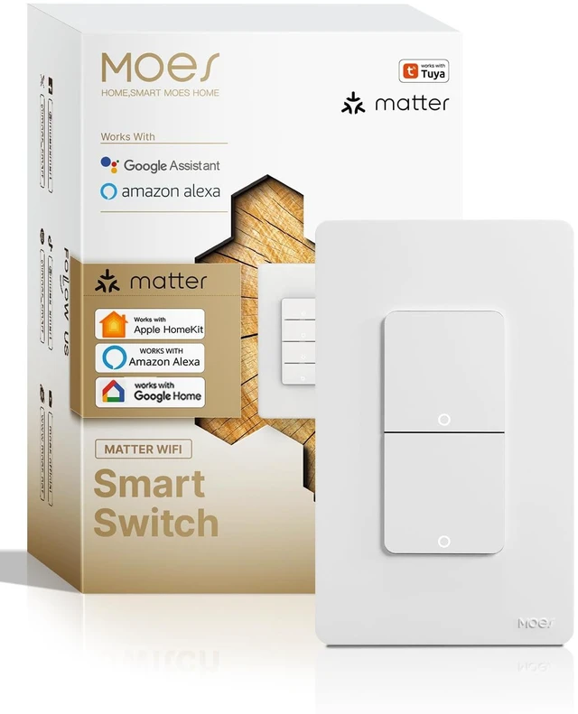 Main image of MOES Matter-WiFi Smart Double Switch, Neutral Required | 2 Gang Single Pole Light Switch, Compatible with Alexa Google Assistant, Remote Control
