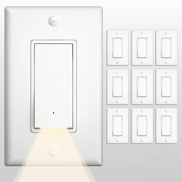 Main image of Amico 10 Pack Illuminated Light Switches with 3000K LED Nightlight | UL Listed,120/277V Decorator Wall Switches with Wall Plates, Built-In Night Light for Hallway, Bedroom & Bathroom, White
