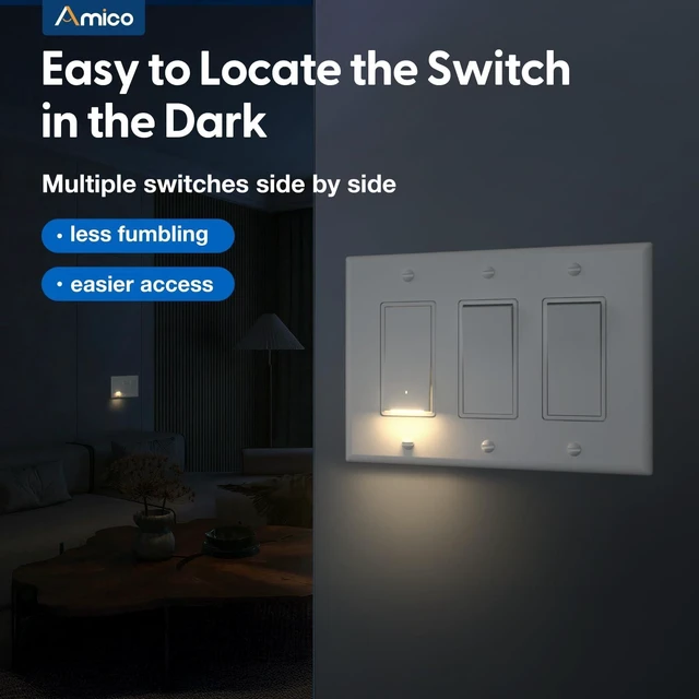 Alt view image 3 of 7 - Amico 10 Pack Illuminated Light Switches with 3000K LED Nightlight | UL Listed,120/277V Decorator Wall Switches with Wall Plates, Built-In Night Light for Hallway, Bedroom & Bathroom, White