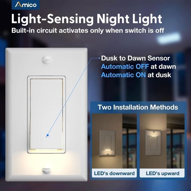 Alt view image 6 of 7 - Amico 10 Pack Illuminated Light Switches with 3000K LED Nightlight | UL Listed,120/277V Decorator Wall Switches with Wall Plates, Built-In Night Light for Hallway, Bedroom & Bathroom, White