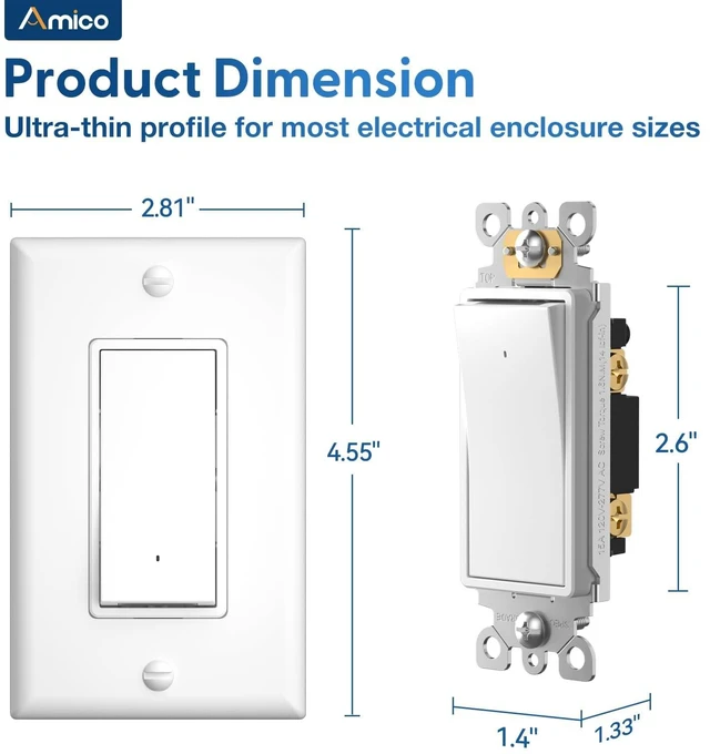 Alt view image 7 of 7 - Amico 10 Pack Illuminated Light Switches with 3000K LED Nightlight | UL Listed,120/277V Decorator Wall Switches with Wall Plates, Built-In Night Light for Hallway, Bedroom & Bathroom, White