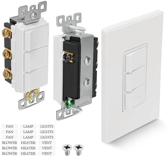 Main image of P3RW Wall Switch Three-Rocker Light Switch with Screwless Wall Plate | Multi-Control Light Switch Combo for Bathroom Exhaust Fan, White, Three-Rocker Design for Convenient Home Lighting Control
