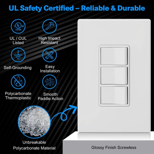 Alt view image 5 of 6 - P3RW Wall Switch Three-Rocker Light Switch with Screwless Wall Plate | Multi-Control Light Switch Combo for Bathroom Exhaust Fan, White, Three-Rocker Design for Convenient Home Lighting Control